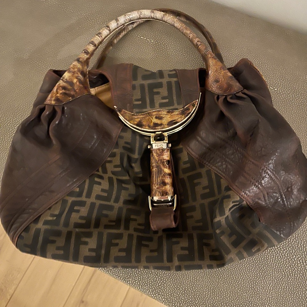 Fendi Brown and Tan Satchel with Geometric Pattern